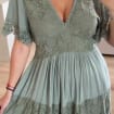 Sage Green Boho Lace Dress, Short Summer Dress, V Neck Mini Dress, Romantic Beach Dress, Cottagecore Dress, Flutter Sleeve Dress, Boho Dress