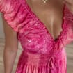 Pink Silk Maxi Dress, Boho Summer Dress, Romantic Floral Paisley Dress, V Neck Ruffle Dress, Beach Wedding Guest Dress, Feminine Long Dress.