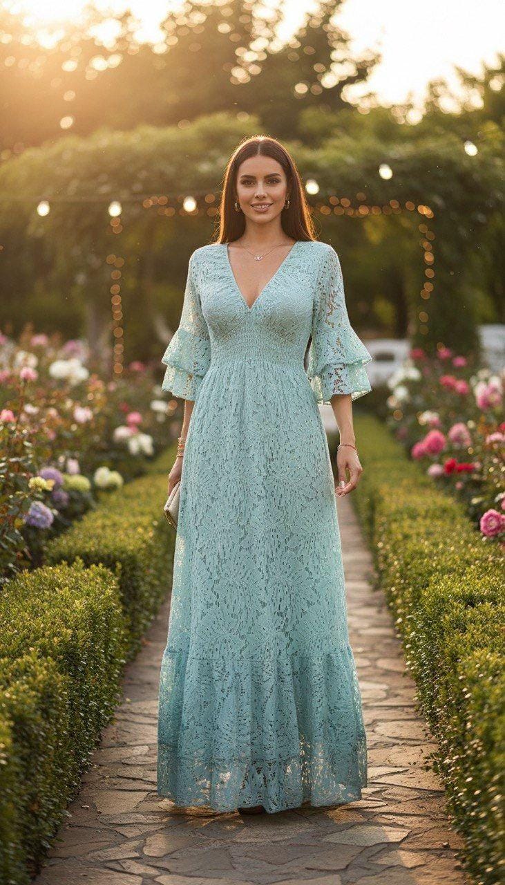 Boho Lace Maxi Dress, Cream Beach Dress, Bohemian Wedding Guest Dress, V Neck Long Dress, Flowy Summer Dress, Resort Wear, Bridal Shower.