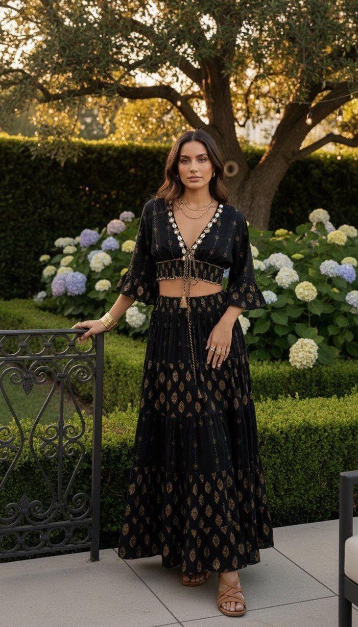 Two Piece Boho Set, Jupe Boho, Maxi Skirt and Crop Top, Bohemian Summer Outfit, Boho Chic Two Piece Set, Hippie Summer Outfit.