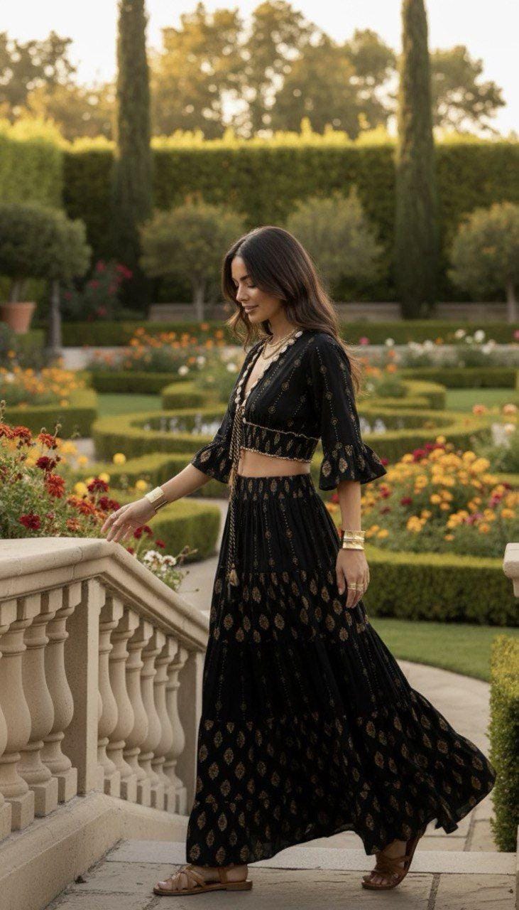 Two Piece Boho Set, Jupe Boho, Maxi Skirt and Crop Top, Bohemian Summer Outfit, Boho Chic Two Piece Set, Hippie Summer Outfit.