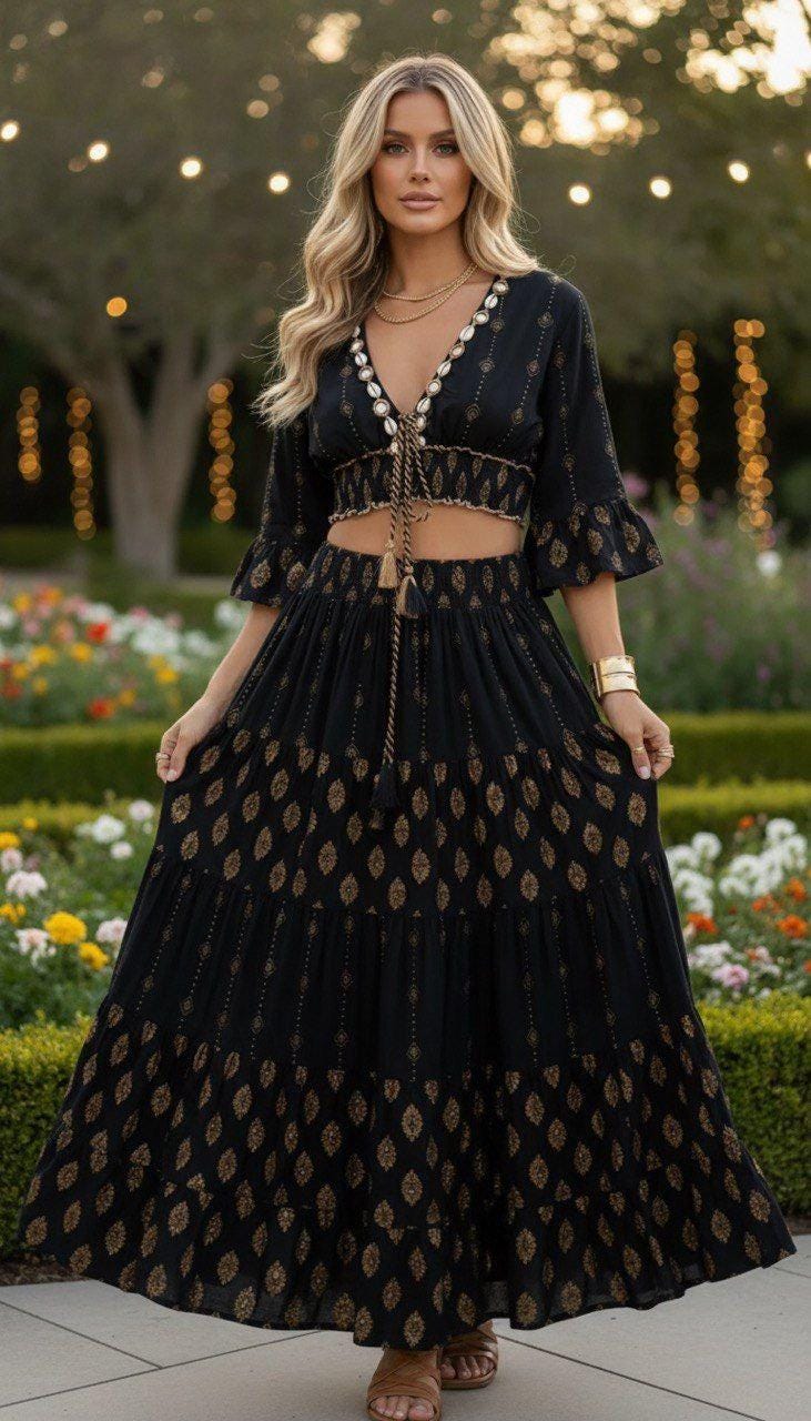 Two Piece Boho Set, Jupe Boho, Maxi Skirt and Crop Top, Bohemian Summer Outfit, Boho Chic Two Piece Set, Hippie Summer Outfit.