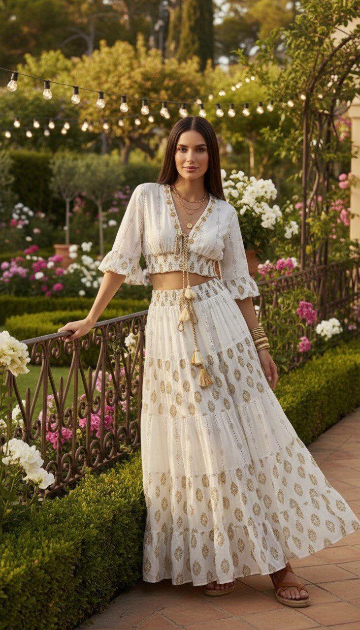 Two Piece Boho Set, Jupe Boho, Maxi Skirt and Crop Top, Bohemian Summer Outfit, Boho Chic Two Piece Set, Hippie Summer Outfit.