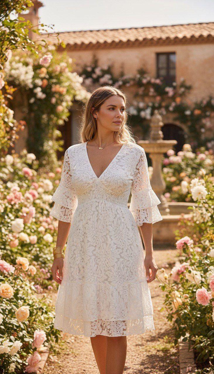 White Lace Midi Dress, Romantic Boho Dress, Elegant V-neck Summer Dress, Cottagecore Wedding Guest Outfit, Mini White Boho Dress, Mini Dress