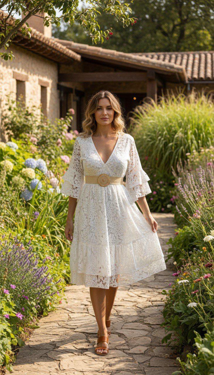 White Lace Midi Dress, Romantic Boho Dress, Elegant V-neck Summer Dress, Cottagecore Wedding Guest Outfit, Mini White Boho Dress, Mini Dress