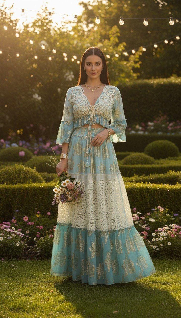 Two Piece Set Women, Boho Two Piece, Flow Summer Outfit, Boho Two Piece Set Women, Women's Two Piece Skirt Set, Elegant Skirt and Top.