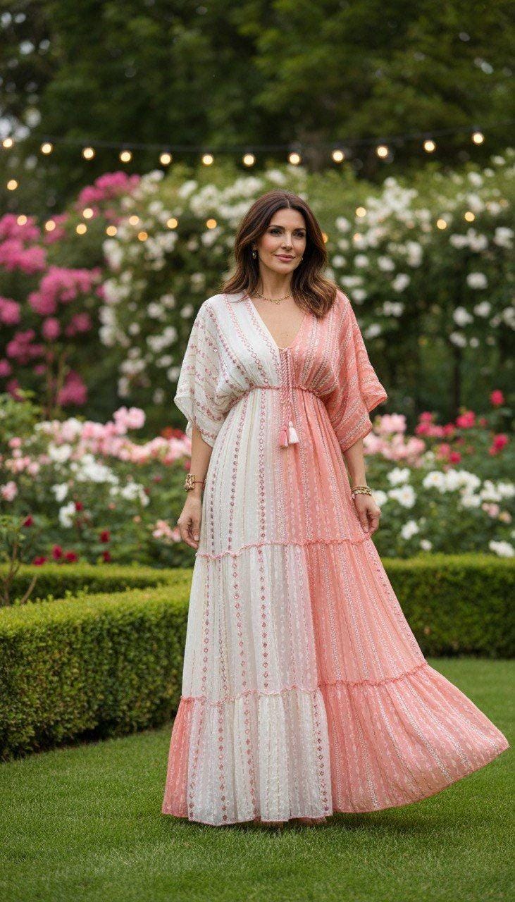 Boho Maxi Dress for Women, Pink Color Block Dress, Flowy Summer Dress, Beach Vacation Dress, Resort Wear, Bohemian Maxi.