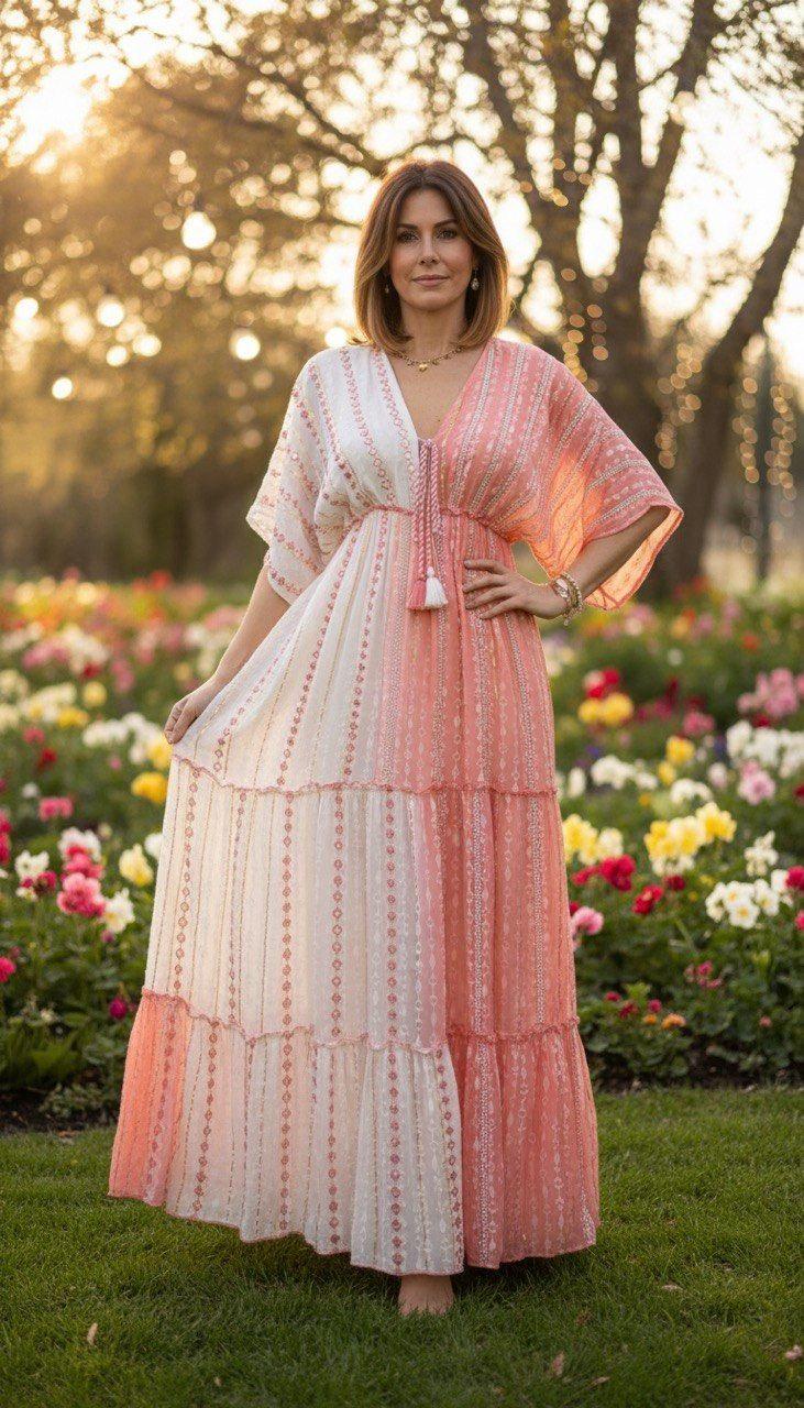 Boho Maxi Dress for Women, Pink Color Block Dress, Flowy Summer Dress, Beach Vacation Dress, Resort Wear, Bohemian Maxi.