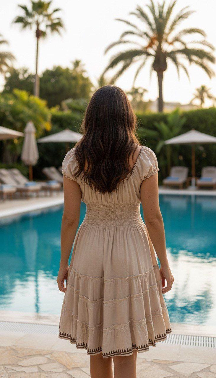 Beige Boho Midi Dress for Women, Summer Vacation Dress, V Neck Flowy Dress, Rustic Chic Party Dress, Casual Resort Outfit, Mini Boho Chic.
