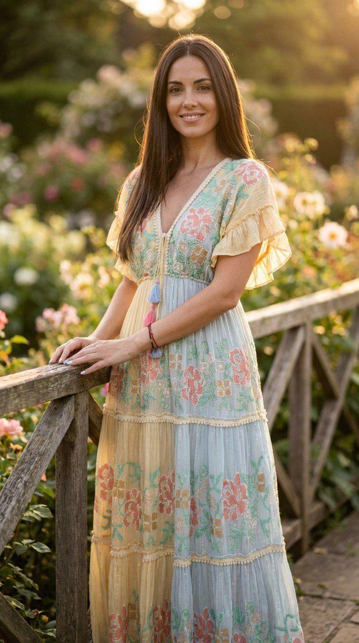 Boho Floral Maxi Dress, Romantic Tiered Long Dress, V Neck Ruffle Sleeve Dress, Pastel Floral Summer Dress, Bohemian Garden Dress.