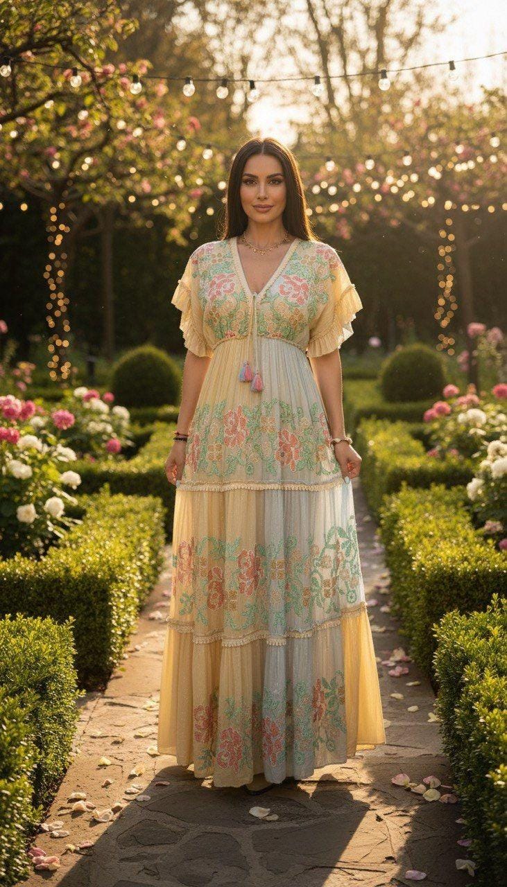 Boho Floral Maxi Dress, Romantic Tiered Long Dress, V Neck Ruffle Sleeve Dress, Pastel Floral Summer Dress, Bohemian Garden Dress.