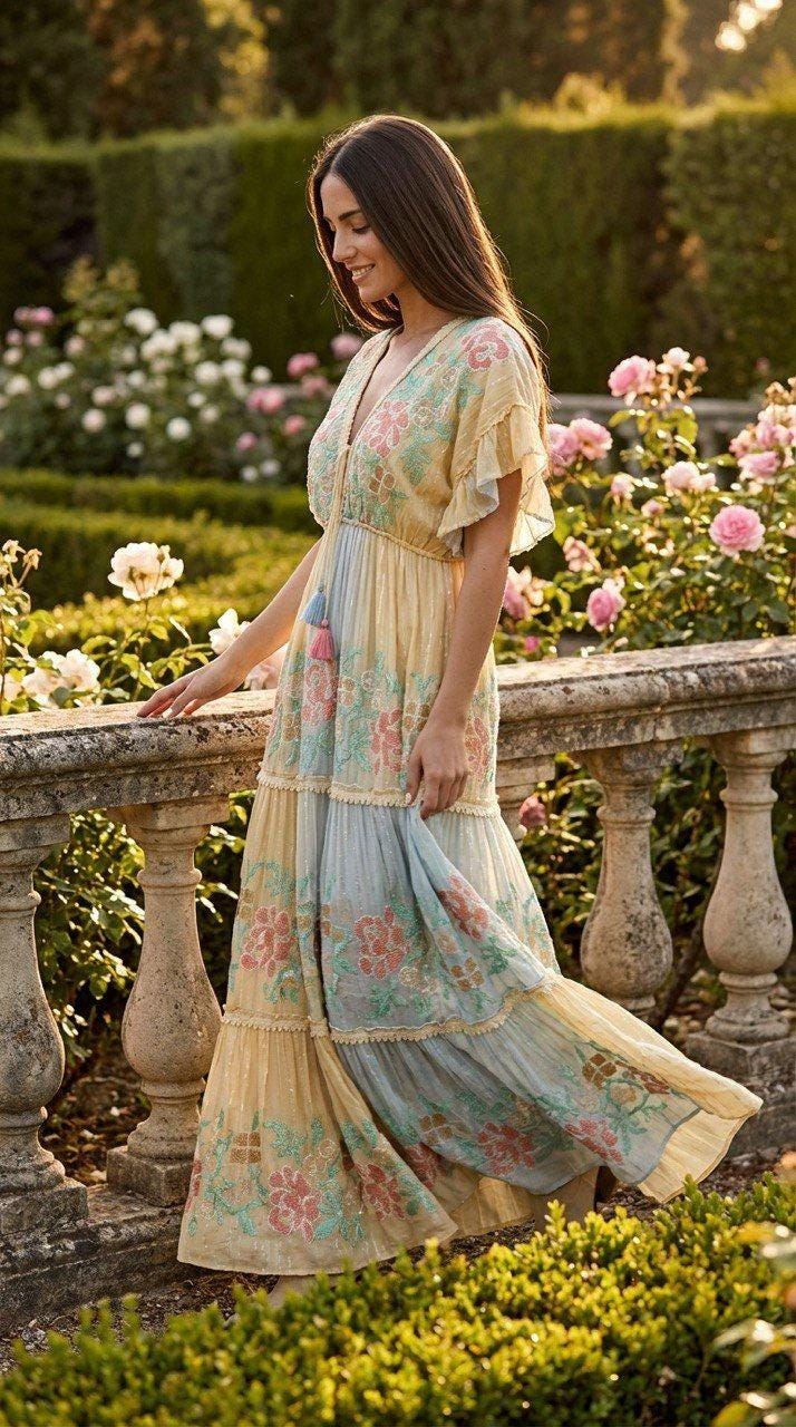Boho Floral Maxi Dress, Romantic Tiered Long Dress, V Neck Ruffle Sleeve Dress, Pastel Floral Summer Dress, Bohemian Garden Dress.