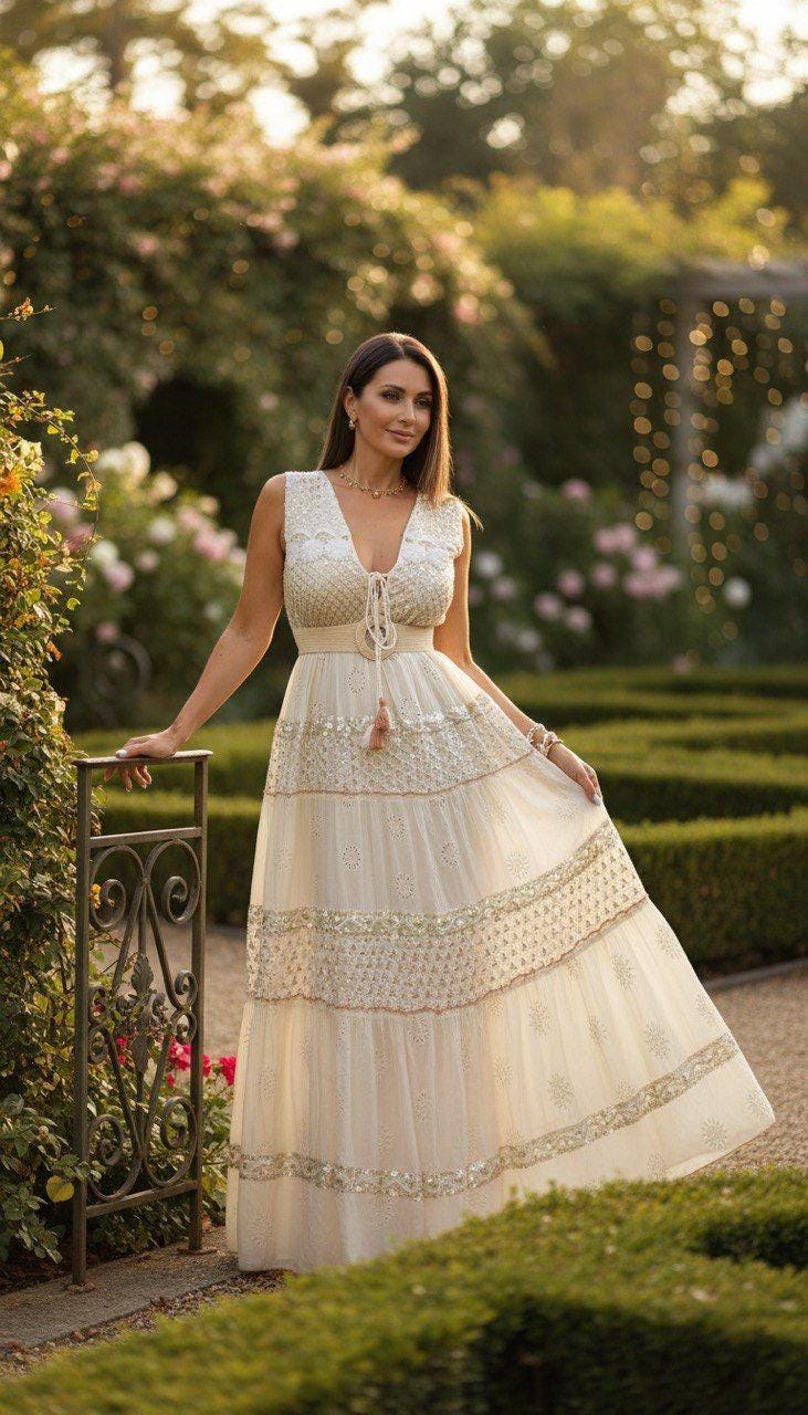 Ivory Boho Maxi Dress for Women, Sleeveless Summer Dress, Embroidered Long Dress, Romantic Resort Outfit, Beach Wedding Guest Dress.
