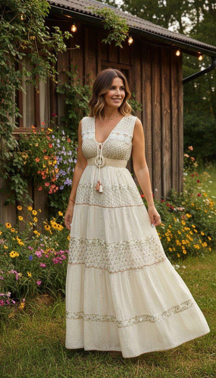 Ivory Boho Maxi Dress for Women, Sleeveless Summer Dress, Embroidered Long Dress, Romantic Resort Outfit, Beach Wedding Guest Dress.