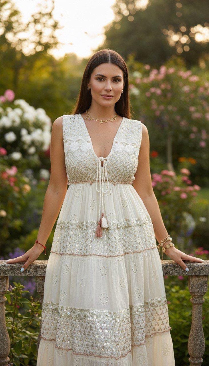 Ivory Boho Maxi Dress for Women, Sleeveless Summer Dress, Embroidered Long Dress, Romantic Resort Outfit, Beach Wedding Guest Dress.