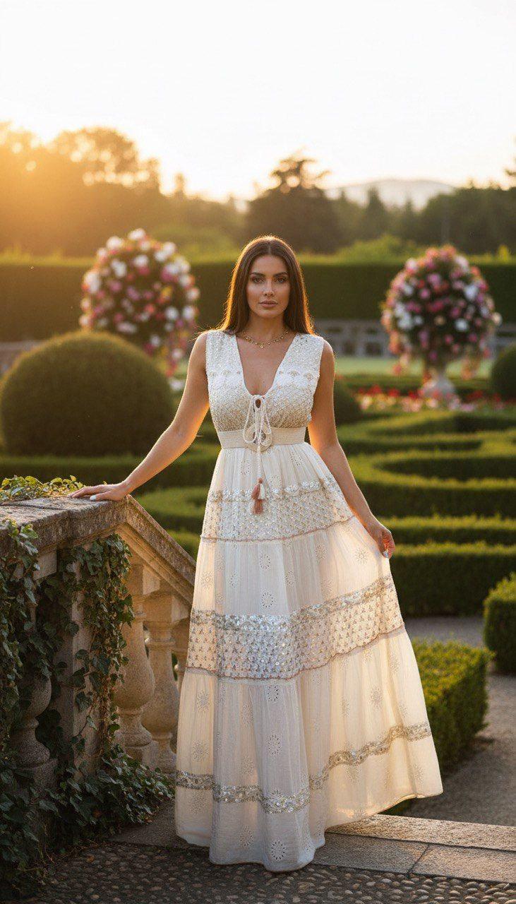 Ivory Boho Maxi Dress for Women, Sleeveless Summer Dress, Embroidered Long Dress, Romantic Resort Outfit, Beach Wedding Guest Dress.
