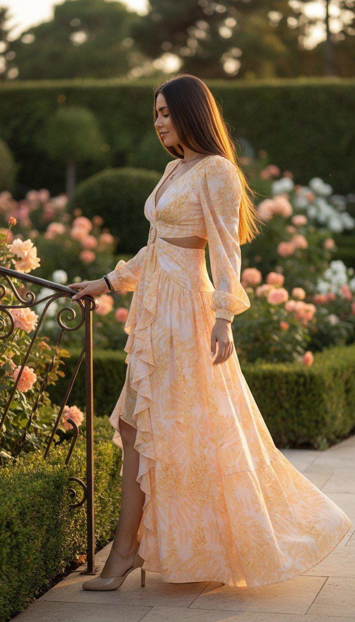 Peach Maxi Dress, Romantic Boho Dress, Long Sleeve Floral Maxi Dress, Garden Party Dress, Summer Wedding Guest Dress.