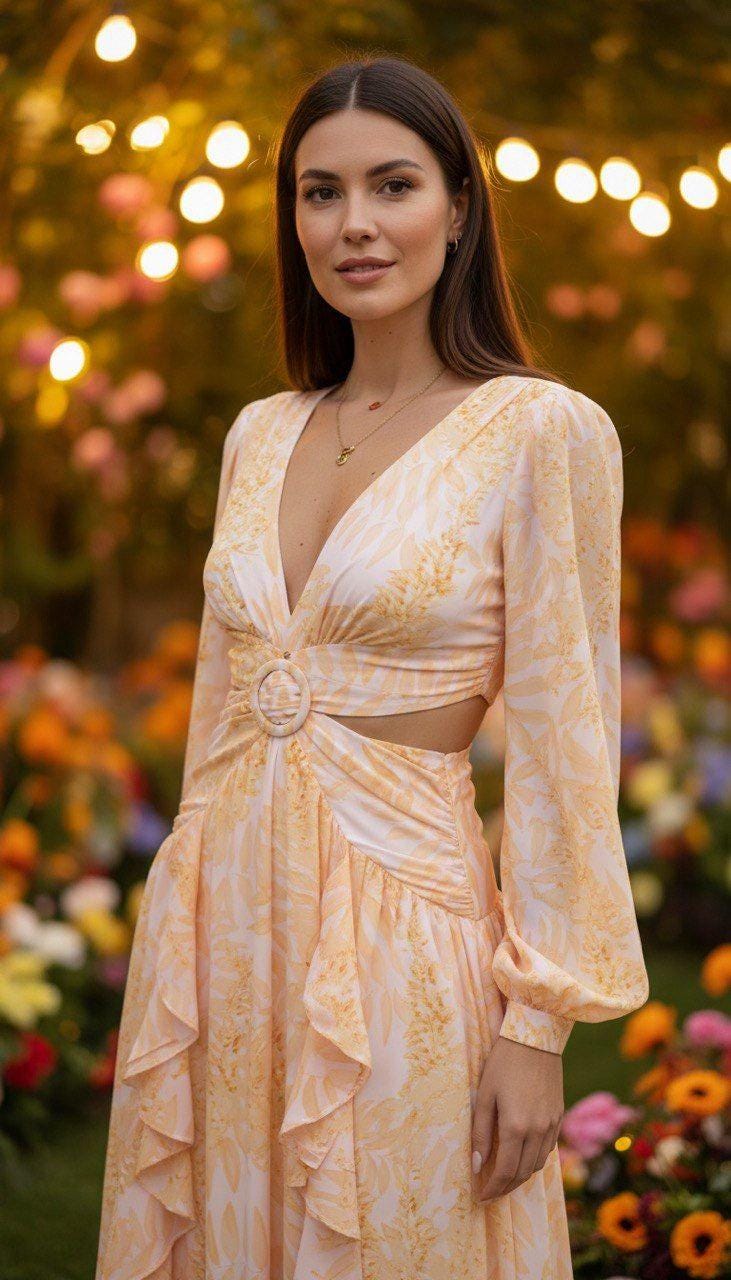 Peach Maxi Dress, Romantic Boho Dress, Long Sleeve Floral Maxi Dress, Garden Party Dress, Summer Wedding Guest Dress.