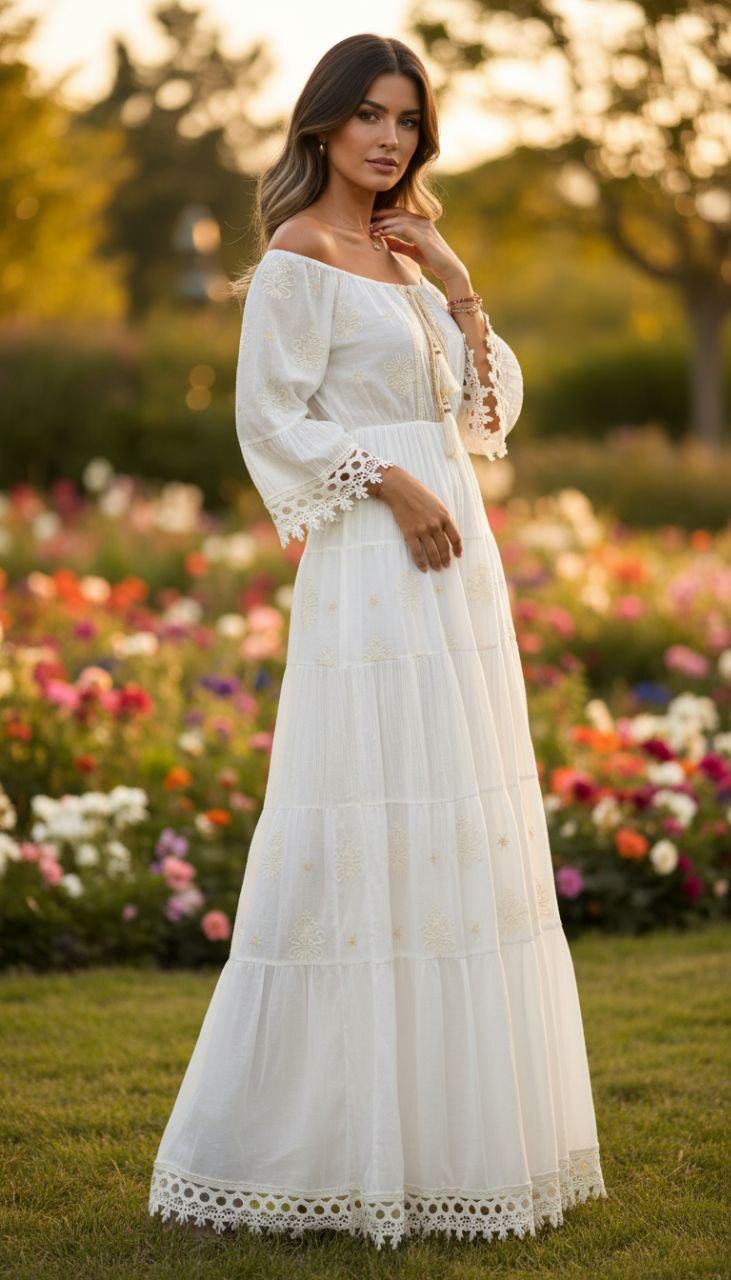 Boho White Maxi Dress, Long Bohemian Wedding Dress, Rustic Bridal Gown, Flowy Beach Wedding Dress for Women, Boho Wedding Dress, Boho Chic.