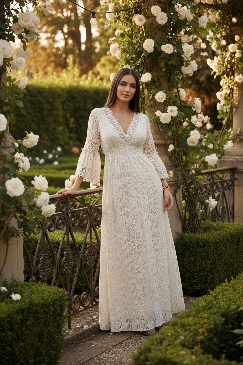 White Wedding Dress, Boho Lace White Dress, Dress Pattern, Beach Wedding Dress, Bohemian Bride Dress, Lace White Dress, Formal Dress.