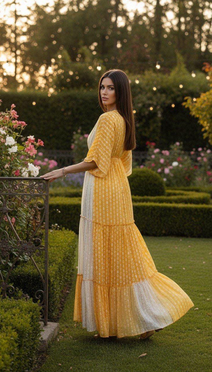 Boho Yellow Maxi Dress for Women, Flowy Resort Dress, Summer Vacation Dress, Bohemian Long Dress, Beach Wedding Guest Outfit.