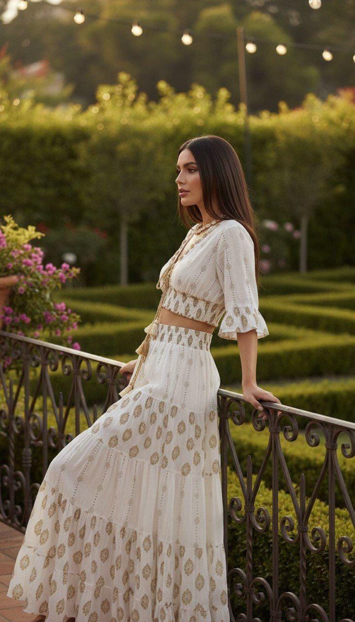 Two Piece Boho Set, Jupe Boho, Maxi Skirt and Crop Top, Bohemian Summer Outfit, Boho Chic Two Piece Set, Hippie Summer Outfit.
