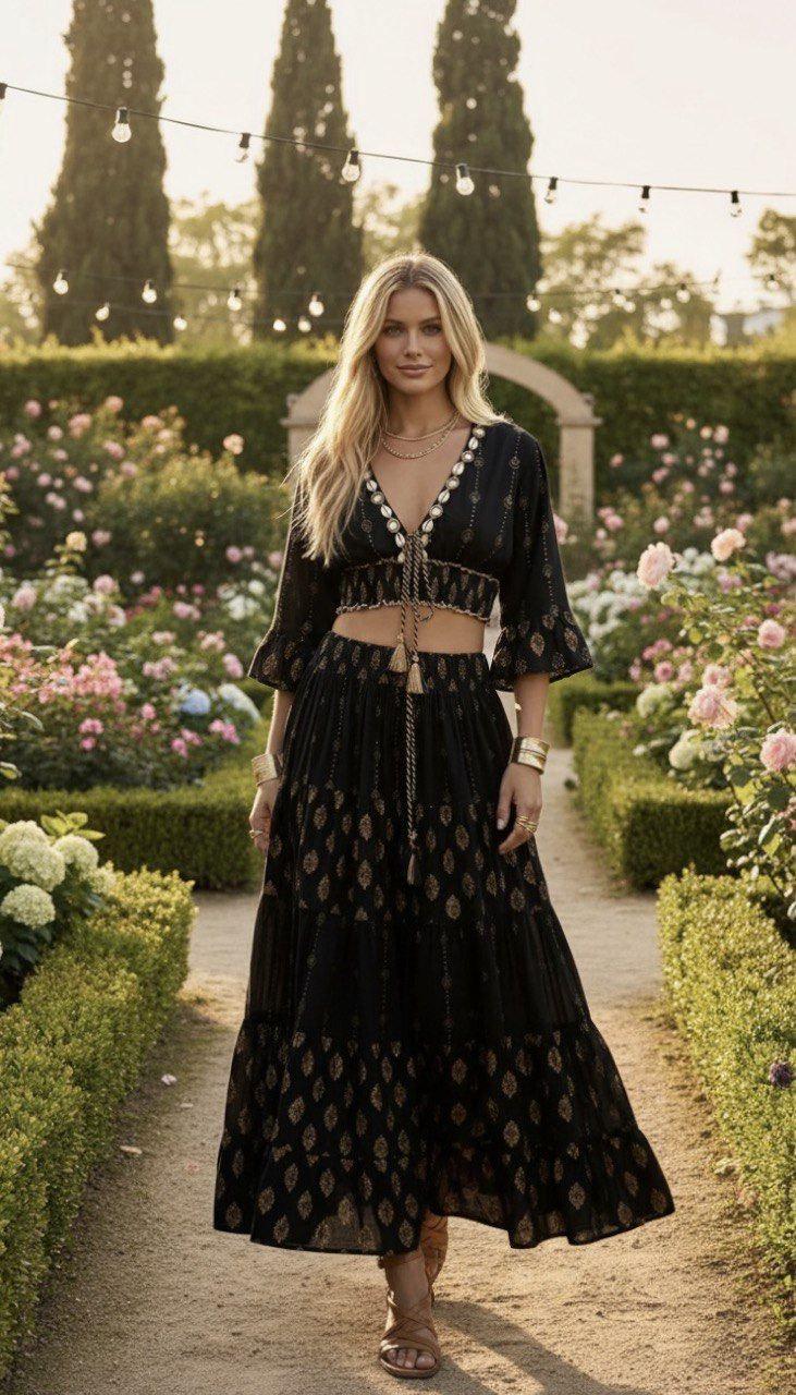 Two Piece Boho Set, Jupe Boho, Maxi Skirt and Crop Top, Bohemian Summer Outfit, Boho Chic Two Piece Set, Hippie Summer Outfit.