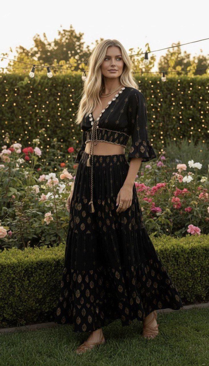 Two Piece Boho Set, Jupe Boho, Maxi Skirt and Crop Top, Bohemian Summer Outfit, Boho Chic Two Piece Set, Hippie Summer Outfit.