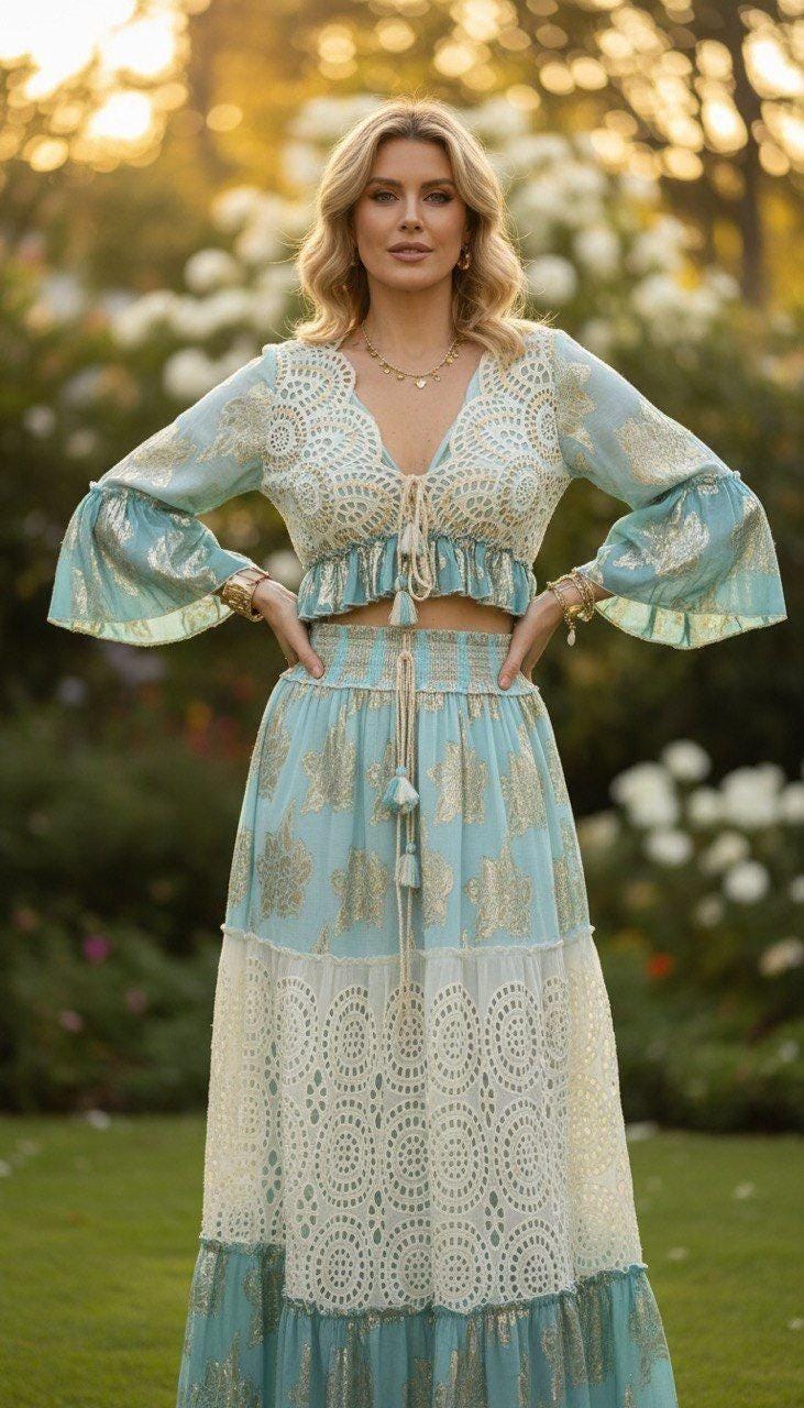 Two Piece Set Women, Boho Two Piece, Flow Summer Outfit, Boho Two Piece Set Women, Women's Two Piece Skirt Set, Elegant Skirt and Top.