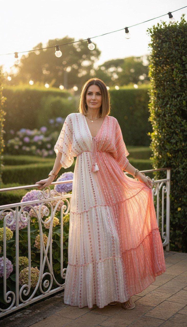 Boho Maxi Dress for Women, Pink Color Block Dress, Flowy Summer Dress, Beach Vacation Dress, Resort Wear, Bohemian Maxi.