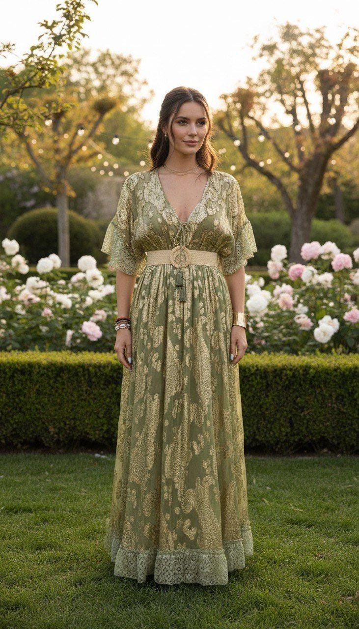 Olive Green Boho Maxi Dress, Paisley Bohemian Dress, V Neck Empire Waist Dress, Festival Dress, Cottagecore Summer Dress, Romantic Maxi Gown