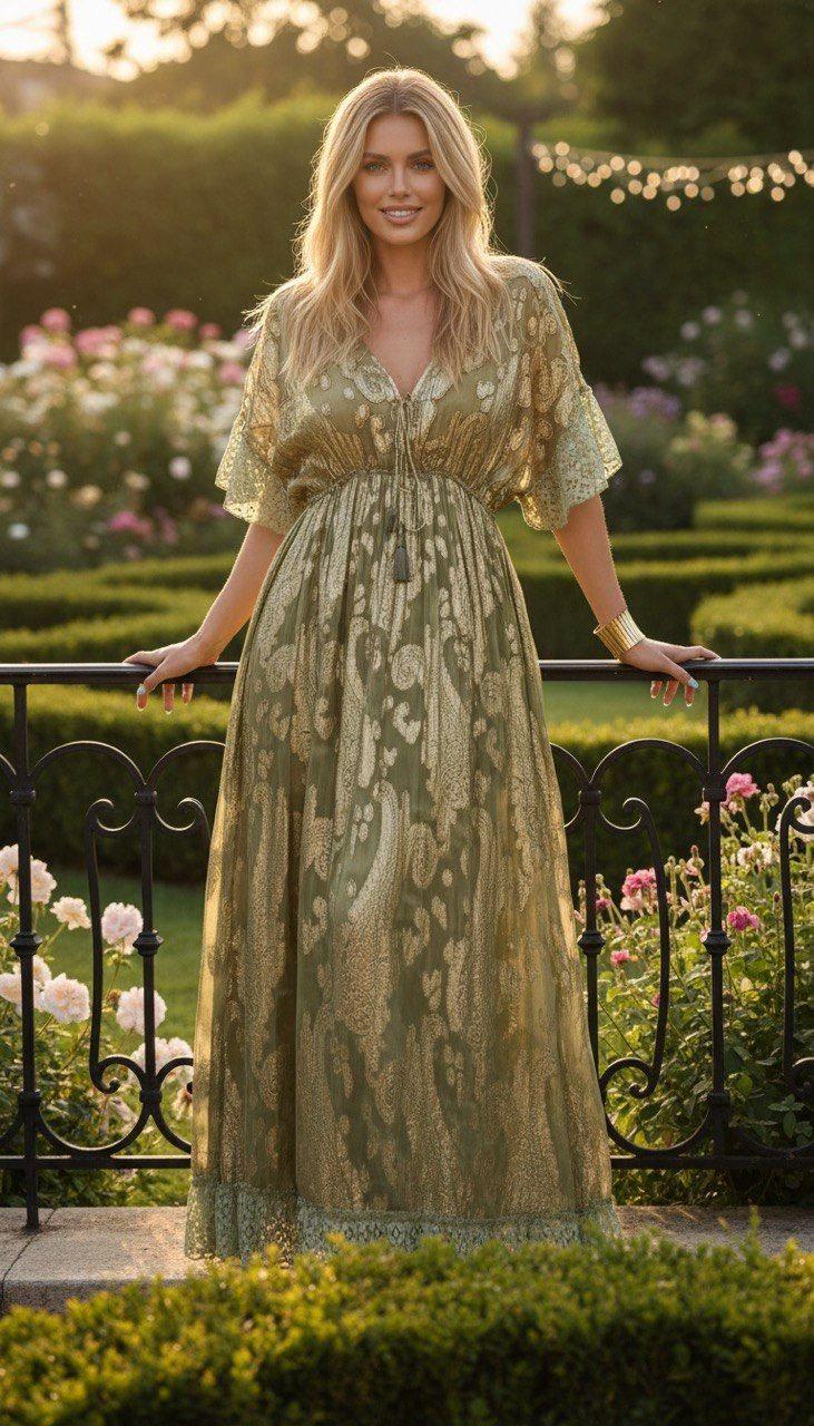 Olive Green Boho Maxi Dress, Paisley Bohemian Dress, V Neck Empire Waist Dress, Festival Dress, Cottagecore Summer Dress, Romantic Maxi Gown