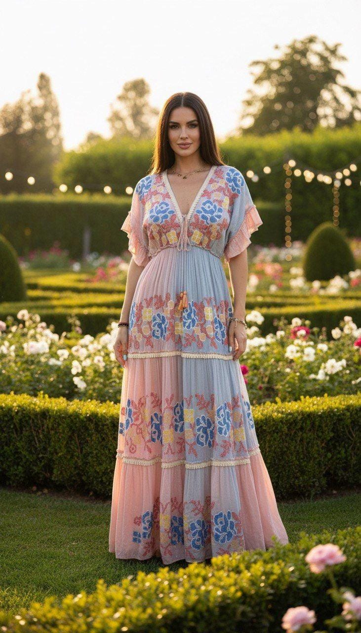 Pink Boho Maxi Dress for Women, Long Flowy Bohemian Dress, Romantic Summer Beach Dress, Festival Outfit, Boho Kleid, Boho Chic Dress, Hippie