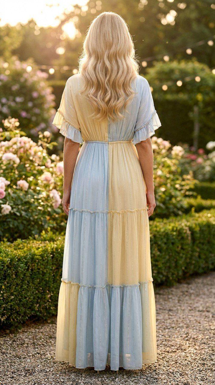 Boho Floral Maxi Dress, Romantic Tiered Long Dress, V Neck Ruffle Sleeve Dress, Pastel Floral Summer Dress, Bohemian Garden Dress.