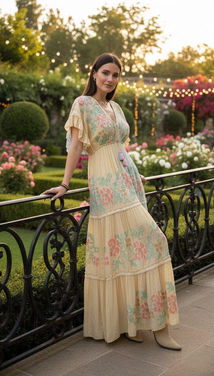 Boho Floral Maxi Dress, Romantic Tiered Long Dress, V Neck Ruffle Sleeve Dress, Pastel Floral Summer Dress, Bohemian Garden Dress.