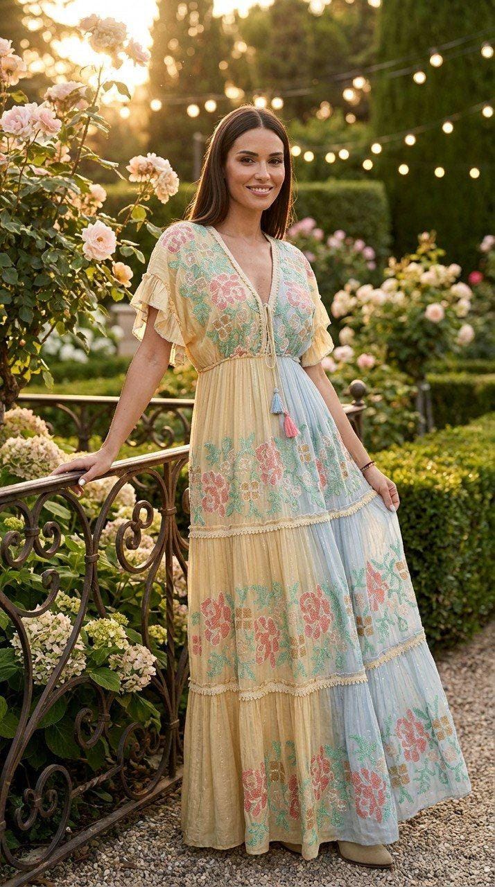 Boho Floral Maxi Dress, Romantic Tiered Long Dress, V Neck Ruffle Sleeve Dress, Pastel Floral Summer Dress, Bohemian Garden Dress.