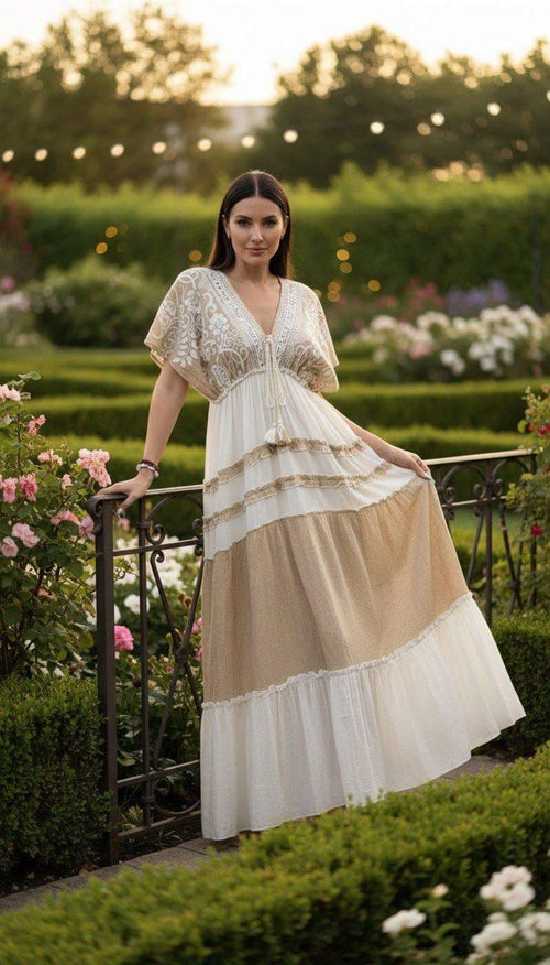 Beige Boho Maxi Dress, Lace Cottagecore Dress, Flowy Summer Dress, Romantic Bohemian Dress, Beach Vacation Outfit.