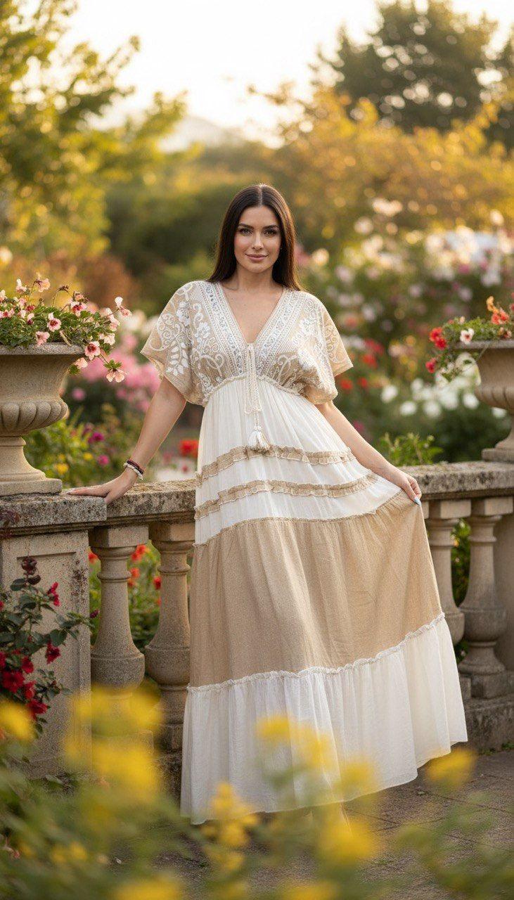 Beige Boho Maxi Dress, Lace Cottagecore Dress, Flowy Summer Dress, Romantic Bohemian Dress, Beach Vacation Outfit.