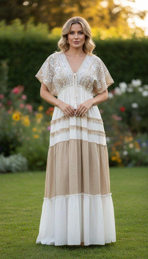 Beige Boho Maxi Dress, Lace Cottagecore Dress, Flowy Summer Dress, Romantic Bohemian Dress, Beach Vacation Outfit.