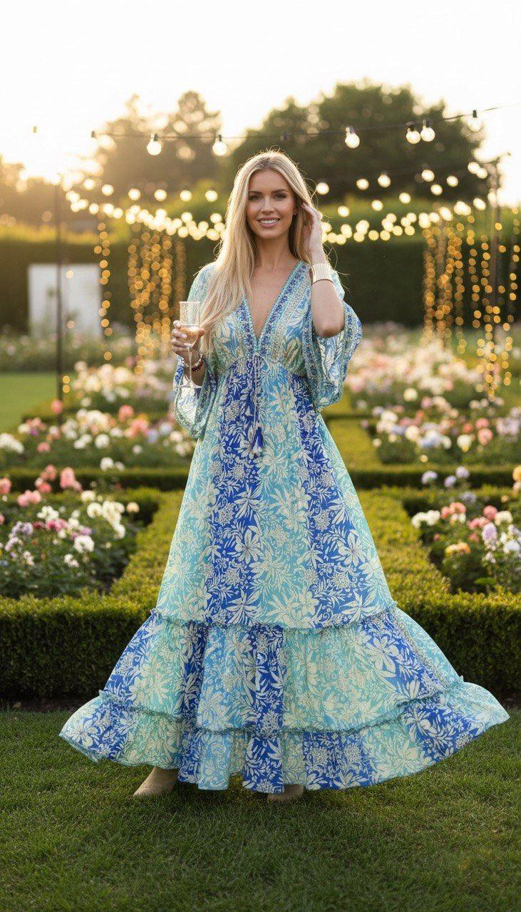 Bohemian Blue Maxi Dress, V Neck Floral Dress, Flowy Beach Dress, Summer Vacation Dress, Festival Outfit, Silk Maxi Dress.