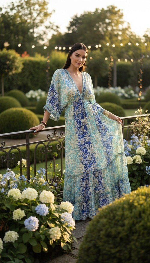 Bohemian Blue Maxi Dress, V Neck Floral Dress, Flowy Beach Dress, Summer Vacation Dress, Festival Outfit, Silk Maxi Dress.