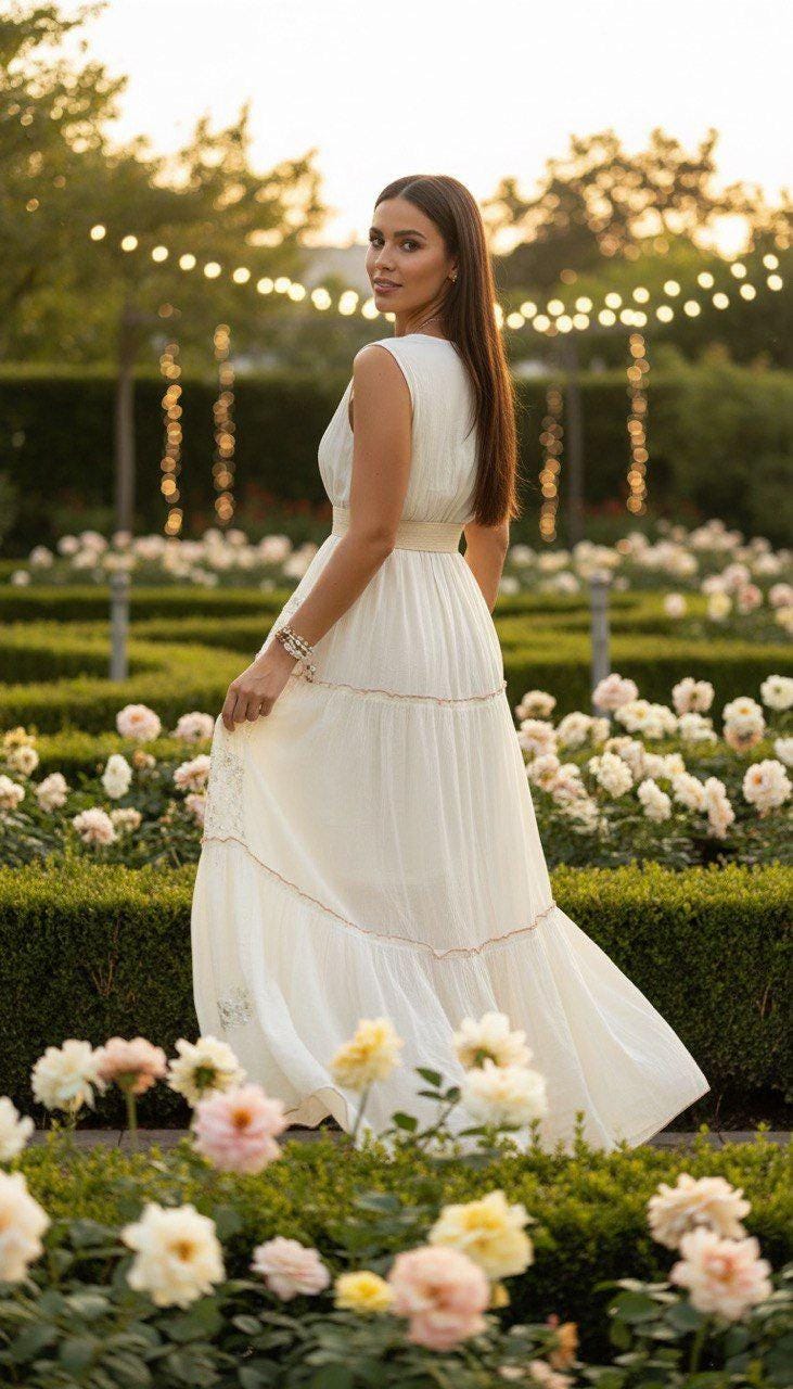 Ivory Boho Maxi Dress for Women, Sleeveless Summer Dress, Embroidered Long Dress, Romantic Resort Outfit, Beach Wedding Guest Dress.