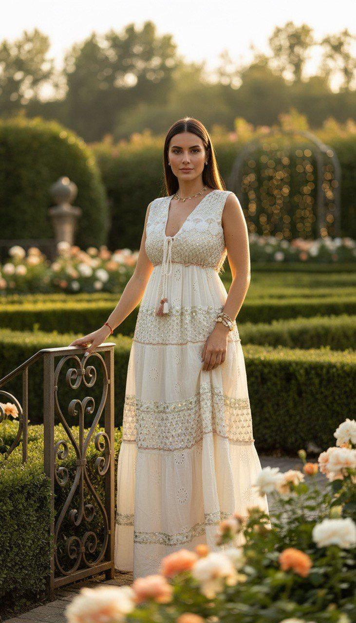 Ivory Boho Maxi Dress for Women, Sleeveless Summer Dress, Embroidered Long Dress, Romantic Resort Outfit, Beach Wedding Guest Dress.