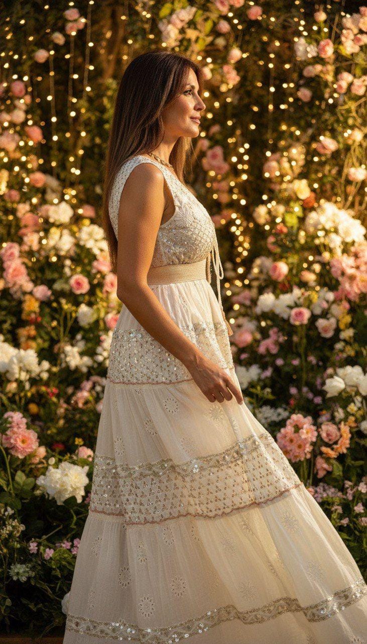 Ivory Boho Maxi Dress for Women, Sleeveless Summer Dress, Embroidered Long Dress, Romantic Resort Outfit, Beach Wedding Guest Dress.