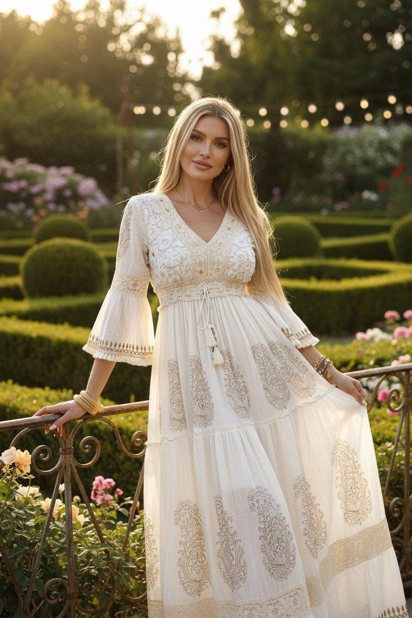 White Bohemian Maxi Dress, Cottagecore Prairie Dress, V Neck Flowy Dress, Romantic Summer Dress, Bridal Shower Outfit, Boho Kleid, Boho Chic
