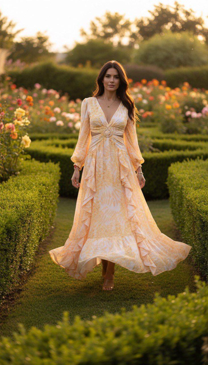 Peach Maxi Dress, Romantic Boho Dress, Long Sleeve Floral Maxi Dress, Garden Party Dress, Summer Wedding Guest Dress.