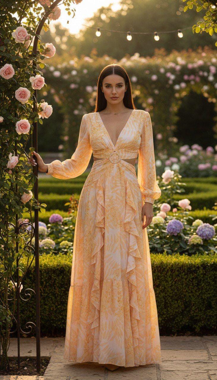 Peach Maxi Dress, Romantic Boho Dress, Long Sleeve Floral Maxi Dress, Garden Party Dress, Summer Wedding Guest Dress.