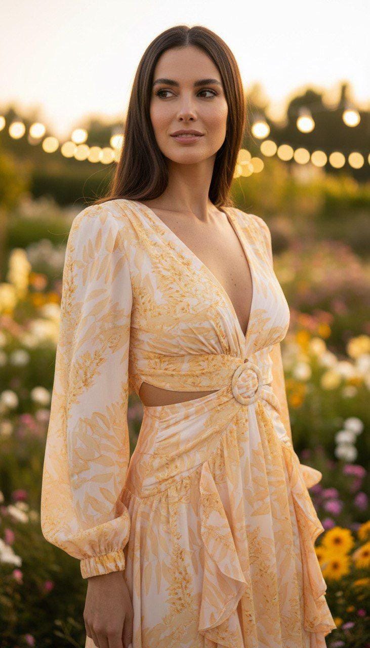Peach Maxi Dress, Romantic Boho Dress, Long Sleeve Floral Maxi Dress, Garden Party Dress, Summer Wedding Guest Dress.