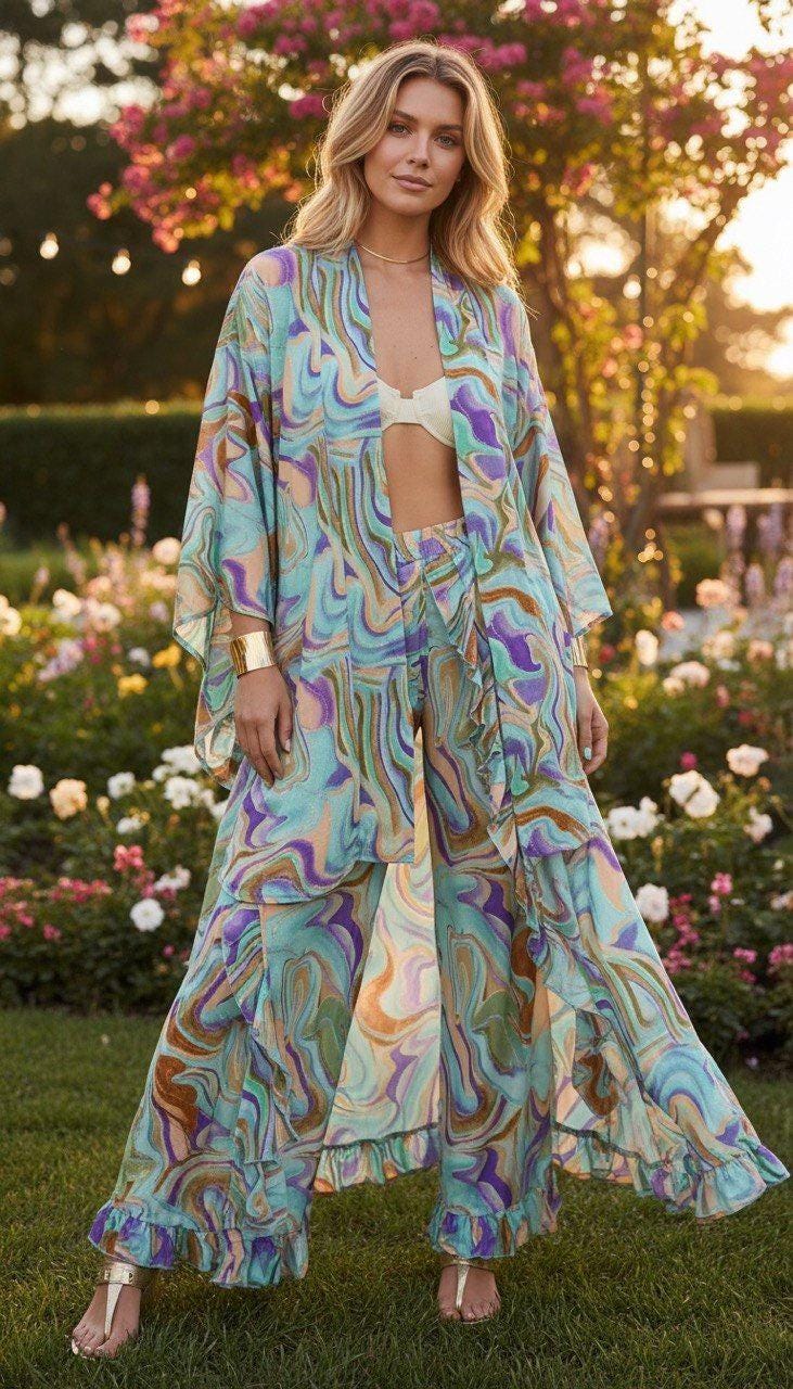 Two Piece Silk Boho Dress, Pants and Top, Two Piece Boho Set, Two Piece Bohemian Dress, Bohemian Two Piece, Hippie Two Piece Set.