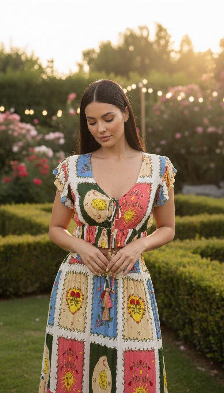 Boho Two Piece Skirt Set for Women, Colorful Co Ord Set, Resort Vacation Outfit, Bohemian Maxi Skirt Set, Summer Matching Set.